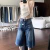 Calça Jeans Cropped Wide-Leg Estilo Retrô Americano para Mulheres, Nova Coleção de Verão Cintura Alta Tamanho Grande Solta Afinando Calça Capri de Perna Reta