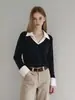 Camisa de Tricô Patchwork Elegante Preta Estilo Coreano Duas Peças Falsas Feminina Outono Inicial Chic de Alta Qualidade para o Trabalho 10855