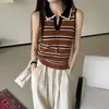 Top de Punto Rayado para Mujer, Chaleco sin Mangas de Bloques de Color Veraniego con Cuello Polo, Estilo Old Money Ajustado Blusa Adelgazante