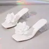 Sandalias ligeras, elegantes y cómodas para mujer para ir al trabajo, directo del fabricante, tacón de bloque de cristal transparente, sin cordones, moda floral