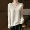 Camiseta térmica de manga larga para mujer, cuello en V, sin costuras, suave y adelgazante, de lana