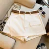 Toma real: Pantalones falda casual estilo coreano de cintura alta en línea A para mujer, versátiles y adelgazantes, minifalda bodycon color caqui con cinturón