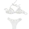 Nuevo bikini retro europeo y americano con estampado de chica hot, estilo vacacional para piscina, sexy estampado cruzado, sin tirantes, color liso, tres piezas