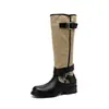 Botas western femininas estilo britânico, bico redondo, fivela bicolor, cano médio, para Outono/Inverno 2026, botas de montaria casuais