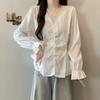 Camisa de Renda com Recortes Longa Estilo Francês Outono Nova Plus Size para Mulheres para Cobrir a Barriga, Afinar a Cintura e Camisa Slim com Cadarço