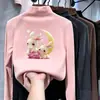 Camiseta larga de manga larga con forro polar para niñas, cuello semi-alto, capa interior cálida, top moderno estilo coreano para niños mayores