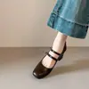 Versão em Couro~Sapatos Mary Jane Quadrados Retrô Franceses com Salto Grosso para Mulheres, Versáteis com Uma Tira Única e Laço, Sapatos Baixos de Couro