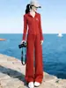 Conjunto de Sudadera con Cremallera y Cuello Alto Rojo para Mujer, Nuevo Estilo Deportivo Casual de Primavera Pantalones de Pierna Ancha Conjunto de Dos Piezas, Elegante y con Estilo