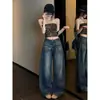 Jeans Americano de Perna Reta Feminino Outono 2026 Novo Retro Lavado Solto Design com Vinco Senso de Design Casual Calças de Perna Larga