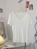 Camiseta de manga corta con cuello en V y lyocell y tencel para mujer, de verano, ajustada, con hombros descubiertos y clavícula, camisa fina de color liso, combina con todo.