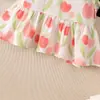 Estilo Novo de Verão para Meninas Bebês Conjunto Elegante de Colete Fino Tulipa com Calça de Perna Larga Cobertura de Ombro Largo Florzinha Fada