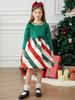 Vestidos Transfronterizos para Niñas, Ropa Navideña, Vestidos para Niños, Mangas Largas con Estampado de Caramelo, Faldas Cortas Abullonadas