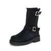 Botas de tornozelo plataforma de couro femininas, novo estilo 2026, botas western de camurça estilo cowboy, de cano médio, corte justo, botas retrô de motociclista