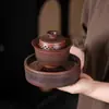 Tazón Cubierto de Cerámica Púrpura Sancai Juego de Té Kung Fu de Alto Nivel Individual Tazón de Té Tetera Taza de Té Tazón Cubierto Cerámico Juego de Té