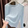 Camiseta de encaje estilo francés de manga larga para mujer, fina de verano, semi-transparente, top ajustador de cuello redondo, cubrepiernas de malla con protección solar