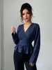 Moda feminina transfronteiriça outono e inverno 2026 novo top elegante com decote V e acinturado, camiseta de manga comprida com babados, caimento justo