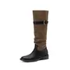 Botas de Caballero para Mujer de Piel de Vaca + Color Inverso de Piel de Vaca, Nuevo Estilo de Invierno, Punta Redonda, Tacón Medio, Hebilla de Cinturón, Botas Plisadas para Mujer