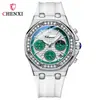 Reloj Multifuncional Octagonal para Mujer CHENXI con Adorno de Diamantes, Cronógrafo de Tres Ojos con Fase Lunar, Calendario y Correa de Silicona, Reloj de Cuarzo