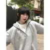 Sudadera Falsa de Dos Piezas Estilo Universitario Streetwear Americano para Mujer, Nueva de Otoño e Invierno, Holgada, Patchwork Gris con Capucha, Top Versátil