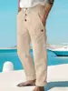 Calça de Trabalho Masculina de Algodão e Linho para o Verão da Amazon, com Bolsos Grandes, Calça Reta com Cordão, Calça Longa Casual Solta de Algodão e Linho