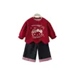 Traje Estilo Ocidental Primavera e Outono Moletom Gatinho Estampado Calça Wide Leg Traje Regular Casual Manga Longa Feminino