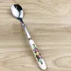 Venta al por mayor de fábrica mango de cerámica de acero inoxidable patrón floral exportación transfronteriza Amazon tamaño pequeño cuchara para remover tenedor de fruta