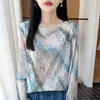 Top de punto calado jacquard para mujer, manga corta, fino, primavera-verano, corte ajustado, transpirable, cuello redondo, estilo delicado, adelgazante y versátil