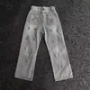 Calça Jeans Retrô com Salpicos High Street Americana para Meninos, Nova Calça Casual Tendência, Calça Longa Reta Lavada para Homens