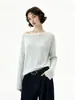 Camiseta de manga larga para mujer con ribete de encaje a rayas azules, fina para principios de otoño, estilo casual holgado con escote asimétrico y diseño de un solo hombro