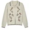 Cárdigan de punto con bordado floral artístico para mujer, nuevo estilo otoño/invierno, con cuello de solapa, ribete de encaje y cierre de cremallera, una chaqueta suéter de estilo retro