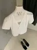 Venta de Liquidación, Sin Devoluciones ni Cambios, Adorno de Encaje Retro Pura Pasión Estilo Francés, Ceñidor de Cintura, Fruncido, Camisa de Manga Corta con Cuello en V Ajustada W9243