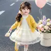 Conjunto de duas peças para crianças, jaqueta suéter, primavera e outono 2026, novo estilo, versão coreana, elegante, manga longa, saia de gaze, conjunto de vestido para menina