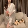 Camisón de manga larga de gasa con cuello halter y cuello halter para mujer, estilo sexy, primavera y verano, estilo cárdigan largo, fresco, comercio exterior en vivo transfronterizo.