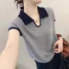 Camisa de Punto de Manga Corta para Mujer Estilo Nuevo Verano 2025 con Cuello de Solapa y Colores Contrastantes, Elegante y con Estilo, Efecto Adelgazante, Camiseta