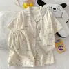 Pijama de Algodón Nublado para Mujer de Comercio Exterior Transfronterizo, Cárdigan de Manga Corta, Shorts de Dibujos Animados para Niñas, Se Puede Usar Afuera, Conjunto para Estar en Casa, Verano