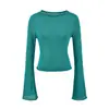 Top de punto de color liso, cuello redondo, manga larga, estilo americano de alta gama, simple, para el otoño de 2026, top chic y moderno de corte ajustado para chicas a la moda
