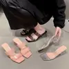 Nuevas Sandalias de Verano 2026 con Punta Cuadrada Francesa, Tacón Grueso de Cristal, Tacón Alto, Deslizantes, Moda Transparente, Perezosas, Casuales, para Exteriores