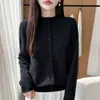 Cardigã de Tricô Exquisito com Gola Meia-Alta Crochê Feminino Outono Jacquard Pesado Tricô Solto Suéter Casaco Emagrecedor