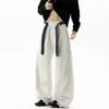 Pantalones casuales de estilo americano, a rayas, holgados, con cintura de cordón, hasta el suelo, corte de pierna ancha, talla grande, estilo retro