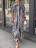 2026 Plataforma Independente de Roupas Femininas Transfronteiriças Moda Estilo Europeu e Americano Vestido Listrado com Fenda Vestido Longo com Fenda de Manga Curta para Mulheres