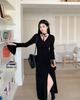 Vestido largo con diseño de Pure Desire para mujer, otoño, nuevo, cintura adelgazante, estilo de chica, escote en V, mangas acampanadas, vestido irregular