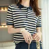 Camiseta de punto de algodón puro de venta caliente en verano con cuello camisero, bloques de color a rayas, manga corta, ajuste ceñido, jersey, top versátil y simple para mujer