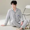 Pijama popular masculino para live-streaming, 100% algodão, cardigã de outono e inverno, manga longa, com gola, conjunto de roupa de casa para primavera e outono, pode ser usado fora