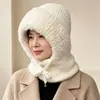Novo chapéu de peça única de tricô quente com forro de fleece transfronteiriço para mulheres, chapéu de lã integrado com proteção para as orelhas e aquecedor de pescoço de inverno, chapéu à prova de vento para atividades ao ar livre