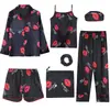 Pijama de Seda Imitación de Comercio Exterior para Mujer, Cárdigan Delgado de Manga Larga para Primavera y Otoño, Camisola, Ropa Exterior Casual, Conjunto de Siete Piezas para Casa