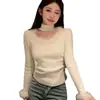 Camisa Mao Mao com costura, gola pendurada, gola redonda, base de lã macia e encerada, feminina, outono e inverno, nova blusa slim fit de manga comprida interna