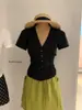 Venta de Liquidación, Sin Devoluciones ni Cambios, Adorno de Encaje Retro Pura Pasión Estilo Francés, Ceñidor de Cintura, Fruncido, Camisa de Manga Corta con Cuello en V Ajustada W9243