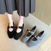 Sapatos de Salto para Noite Estilo Francês Boca Rasa Flats Cinza Feminino Outono e Inverno Novos Salto Grosso Forrados com Lã Sapatos Mary Jane