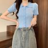 Foto Real de Polo de Punto Rayado para Mujer, Estilo Corto, Nuevo Diseño Primavera 2026, Top de Manga Corta para Tallas Pequeñas
