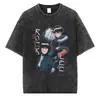Camiseta Europea y Americana Transfronteriza Lavada Desgastada Manga Tres Cuartos Camiseta Americana Retro Anime Manga Corta